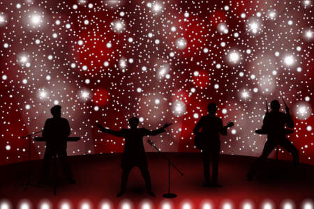 Band show concept with red light and stars. Set of silhouettes of musicians, singers and dancers. Vector illustrationのイラスト素材