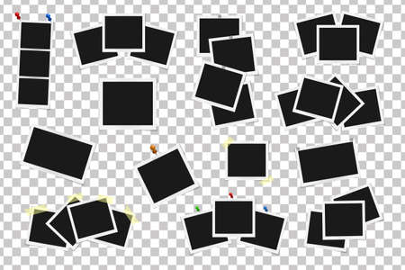 Set of square vector frames on sticky tape, pins and rivets isolated isolated. Template photo design. Vector illustrationのイラスト素材