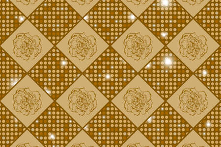 Golden seamless chess styled vintage texture with clove flowers and shining rounds. Vector illustrationのイラスト素材