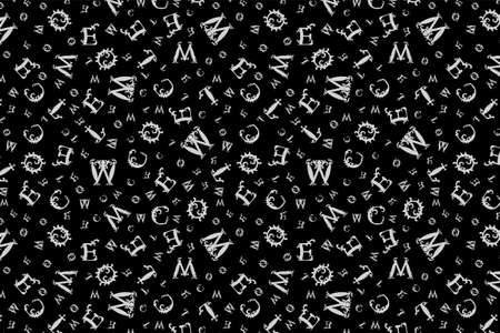 Black and white seamless vintage pattern with curved letters. Vector illustrationのイラスト素材