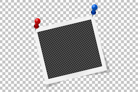 Square frame template on plastic pins with shadows isolated on transparent background. Vector illustrationのイラスト素材