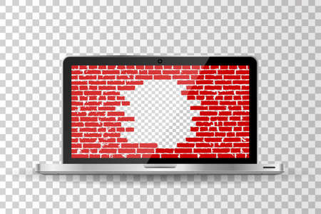 Realistic modern laptop isolated. Broken brick wall concept background.のイラスト素材