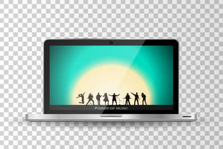 Realistic modern laptop isolated. Band show on sunset background.のイラスト素材