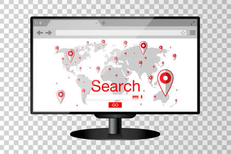 Realistic modern TV monitor isolated. Flat style browser search engine. World map with pins.のイラスト素材