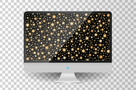 Realistic metallic modern TV monitor isolated. Golden abstract shining falling stars background.のイラスト素材