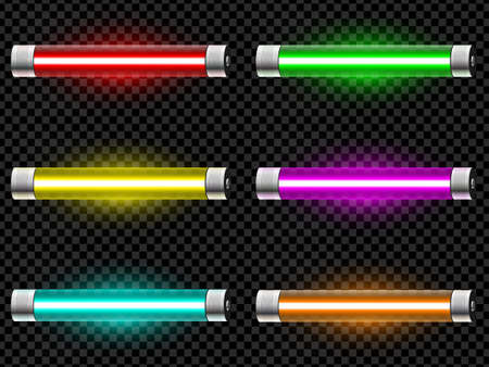 Realistic neon tube light pack isolated on dark transparent background. Vector illustrationのイラスト素材