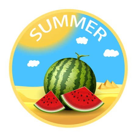 Summer sticker. Realistic watermelon with slices. Travel concept. Vector illustrationのイラスト素材