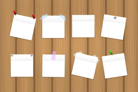 Pack of white empty office paper stickers on wooden board. Vector illustrationのイラスト素材