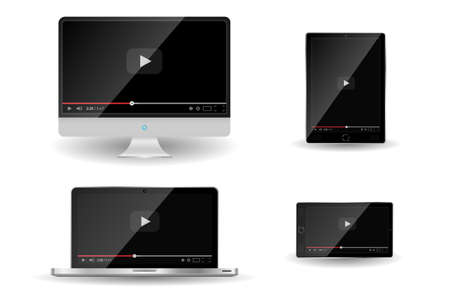 Illustration of realistic modern digital devices and video player design template isolated on transparent backdrop.のイラスト素材