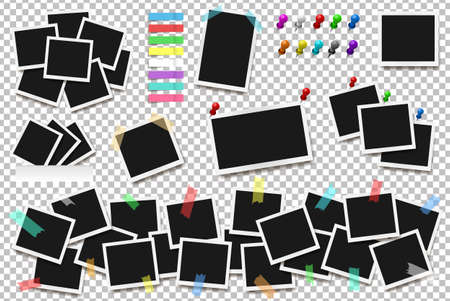 Set of realistic square frames on sticky tape isolated on transparent design backdrop.のイラスト素材