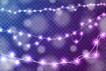 Realistic Christmas lights decorations set isolated on transparent blue and purple background. For greeting cards. Vector illustrationのイラスト素材