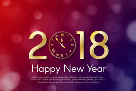 Golden New Year 2018 concept on red and violet blurry background. Vector greeting card illustration with golden numbers and vintage clockのイラスト素材