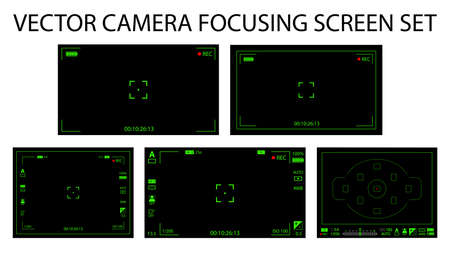 Modern camera focusing screen with settings 5 in 1 pack - digital, mirorless, DSLR. Black and green viewfinders camera recording isolated. Vector illustrationのイラスト素材