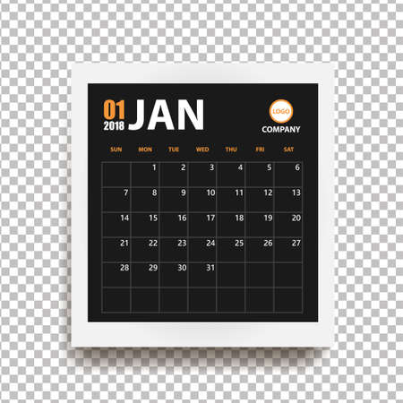 January 2018 calendar in realistic photo frame with shadow isolated on transparent background. Event planner. All size. Vector illustrationのイラスト素材