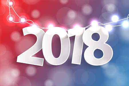 New Year 2018 concept with paper cuted white numbers on realistic Christmas lights decorations on...