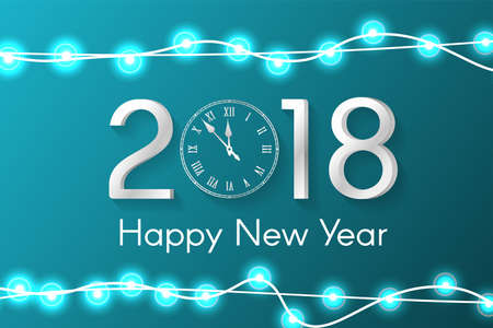Turquoise New Year 2018 concept with realistic Christmas lights on sparkles background. Vector greeting card illustration with gold numbers and vintage clockのイラスト素材
