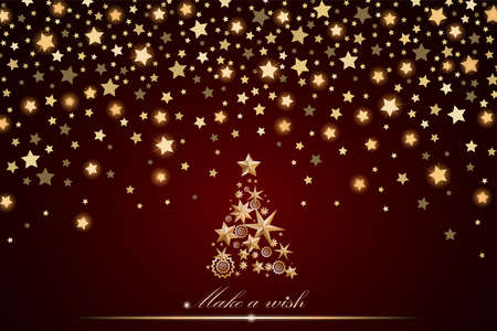 New Year and Christmas card design: gold Christmas Tree made of stars and snowflakes with abstract shining falling stars on red ambient background.のイラスト素材