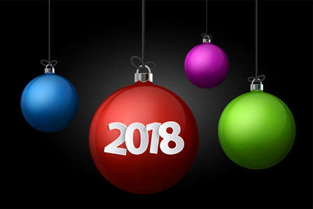 Xmas and New Year 2018 concept. Realistic colored christmas balls with silver holder isolated. Vector illustrationのイラスト素材
