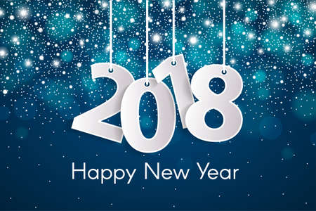 Happy New Year 2018 greeting card concept with paper cuted white numbers on ropes. Vector...