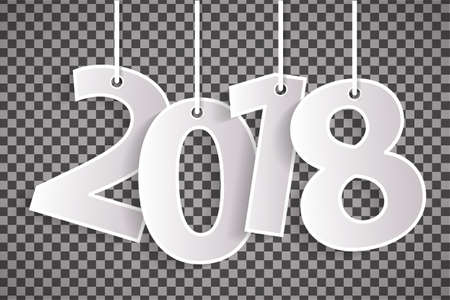 Happy New Year 2018 concept with paper cuted white numbers isolated on transparent background. Vector illustrationのイラスト素材