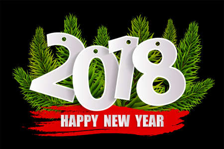 New Year 2018 greeting card concept with christmas tree branches isolated on black. Vector illustrationのイラスト素材