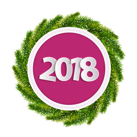 New Year 2018 pink greeting card concept with christmas tree branches isolated. Vector illustrationのイラスト素材