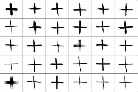 Plus symbols big collection. 30 hand drown sygns signs isolated on white background. Vector illustrationのイラスト素材