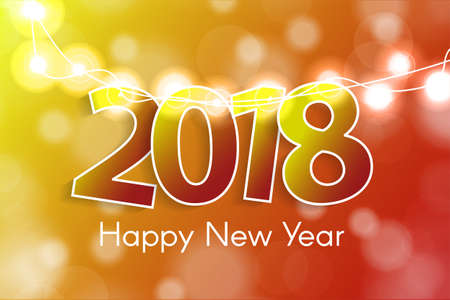 New Year 2018 concept with paper cuted white numbers on realistic Christmas lights decorations on red and blue background. For greeting cards. Vector illustrationのイラスト素材