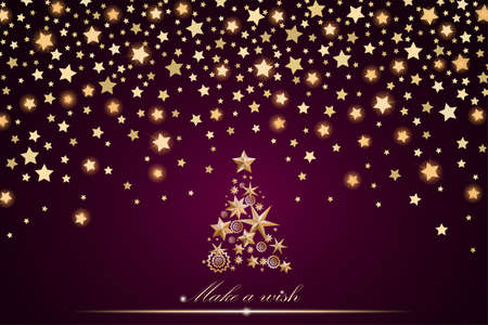 New Year and Christmas card design: gold Christmas Tree made of stars and snowflakes with abstract shining falling stars on pink ambient background. Vector illustrationのイラスト素材