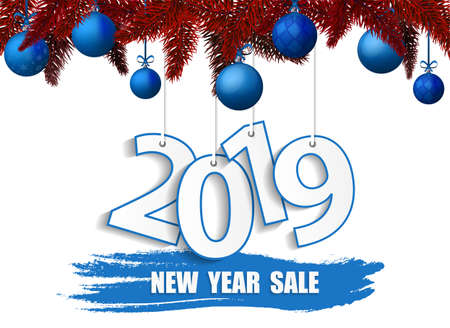 New Year 2019 banner with blue Christmas balls. Vector illustrationのイラスト素材