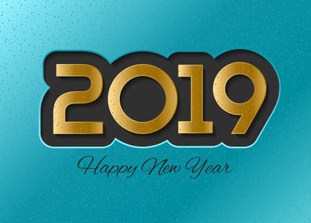 Golden and cyan realistyc 2019 card design. Gold plate surface. New year invitation luxury concept....