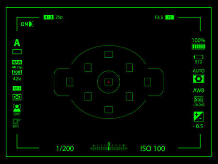 Black and green modern digital camera focusing screen with settings template. Black viewfinder mirrorless, DSLR or cameraphone camera recording. Vector illustrationのイラスト素材
