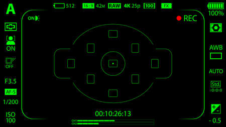 Black and green modern digital camera focusing screen with settings template. Black viewfinder mirrorless, DSLR or cameraphone camera recording. Vector illustrationのイラスト素材