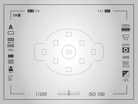 White modern digital camera focusing screen template with vignetting effect. Viewfinder mirrorless, DSLR or cameraphone camera recording. Vector illustrationのイラスト素材