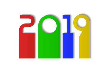 Happy New Year 2019 design concept. Simple multicolor text at infographic flat style. Vector illustrationのイラスト素材