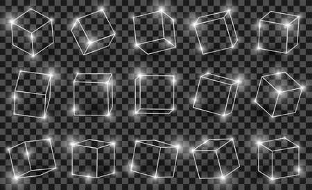 Silver shiny 3D cubes pack isolated on transparent background. Different light, perspective and angle. Glowing white metal 3d frames set. Vector illustrationのイラスト素材