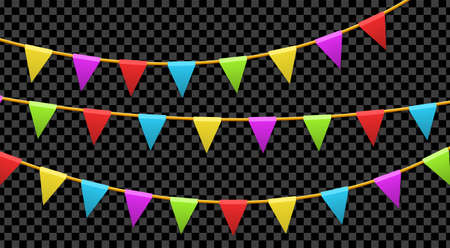 Colored garland flags isolated on transparent background. Carnival, birthday, celebration, party, new year or festival concept. Vector illustrationのイラスト素材