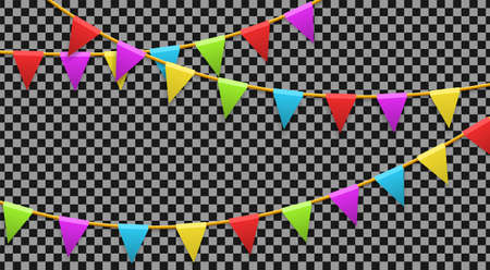 Colored garland flags isolated on transparent background. Carnival, birthday, celebration, party, new year or festival concept. Vector illustrationのイラスト素材