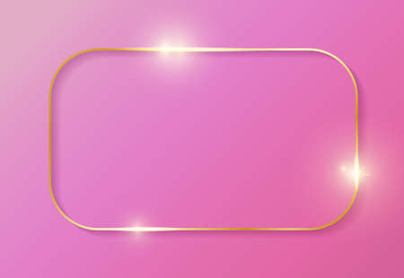 Gold shiny glowing vintage frame with shadows on fahion pink background. Golden luxury realistic border. Wedding, mothers or Valentines day concept. Vector illustrationのイラスト素材
