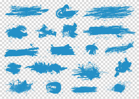 Blue ink splash spots big set isolated on transparent background. Art brushes pack. Vector illustrationのイラスト素材