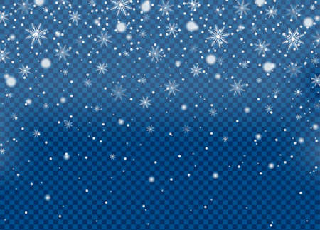 Realistic falling snow isolated on blue sky transparent background. Winter sky pattern. White snowfall texture. New year and Xmas concept. Snowflake effect. Vector illustrationのイラスト素材