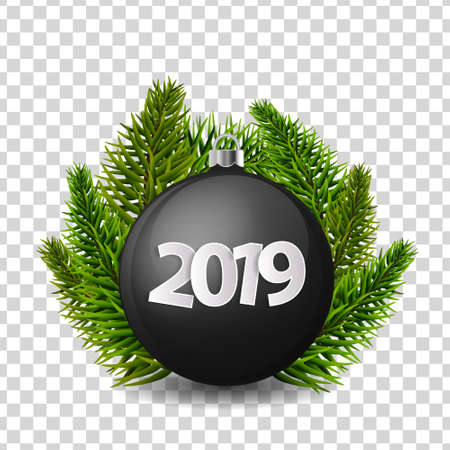 Xmas and New Year 2019 concept. Realistic black christmas ball with silver holder and christmas tree branches isolated. Vector illustrationのイラスト素材