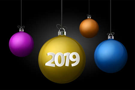 Xmas and New Year 2019 concept. Realistic colored christmas balls with silver holder isolated. Vector illustrationのイラスト素材