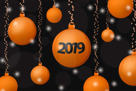 Xmas and New Year 2019 concept background. Orange christmas balls on shining black background. Vector illustrationのイラスト素材