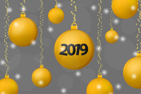 Xmas and New Year 2019 concept background. Gold christmas balls on shining grey background. Vector illustrationのイラスト素材