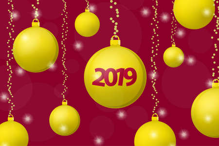 Xmas and New Year 2019 concept background. Yellow christmas balls on shining purple background. Vector illustrationのイラスト素材