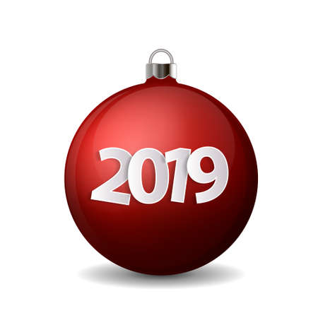 Xmas and New Year 2019 concept. Realistic red christmas ball with silver holder isolated. Vector illustrationのイラスト素材
