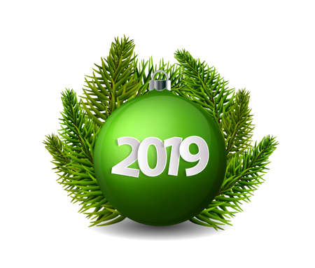 Xmas and New Year 2019 concept. Realistic green christmas ball with silver holder and christmas tree branches isolated. Vector illustrationのイラスト素材