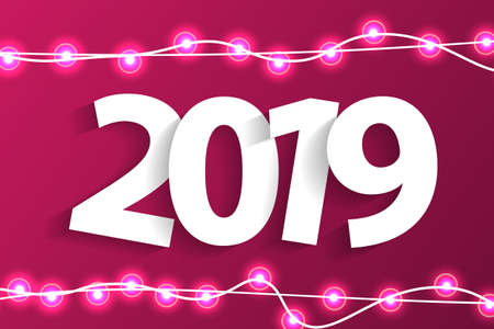 New Year 2019 concept with paper cuted white numbers on realistic Christmas lights decorations on...