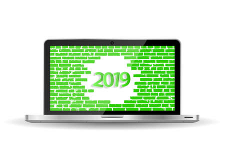 Green New Year 2019 greeting card concept on opened notebook. Vector illustrationのイラスト素材